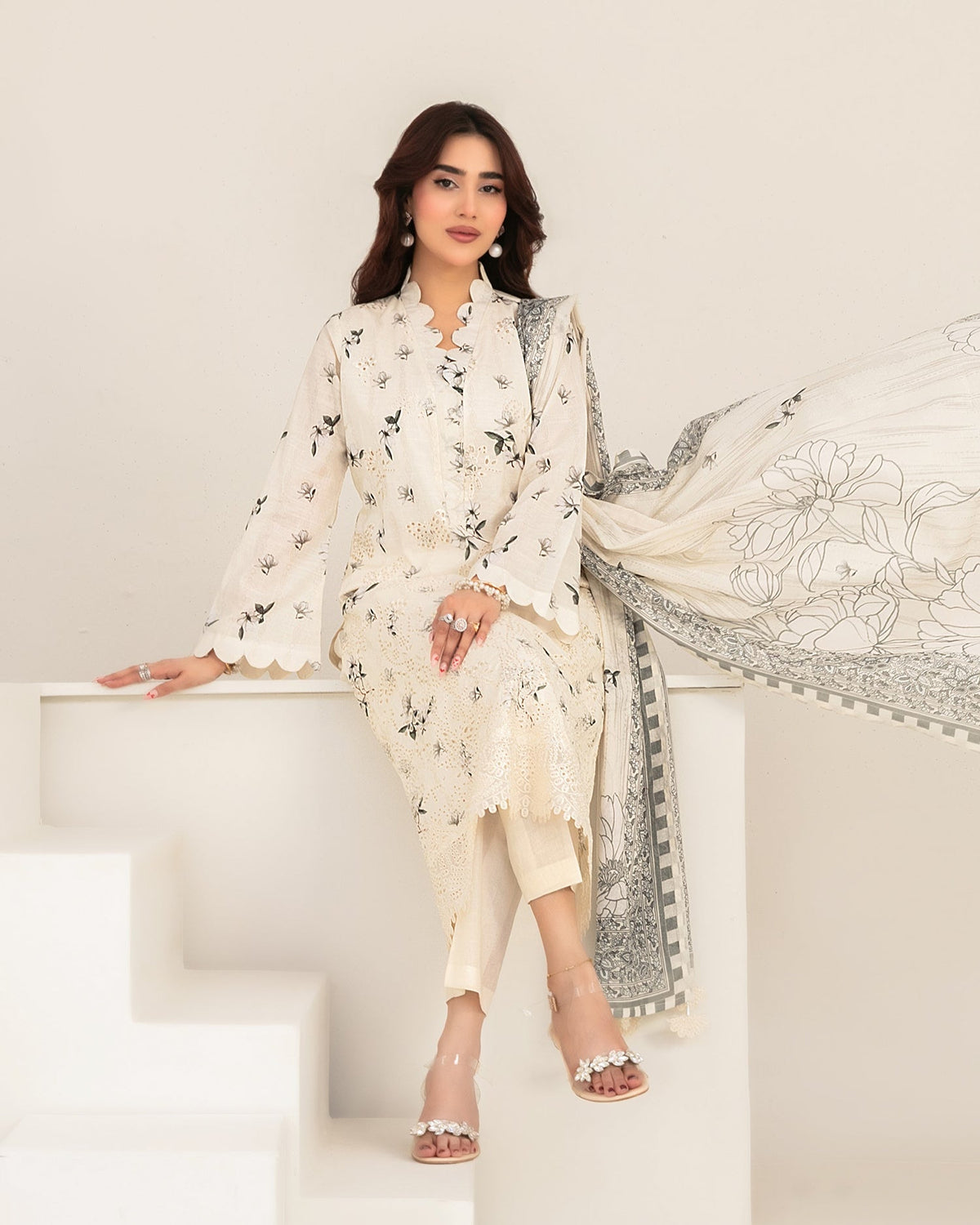 Meem by Tawakkal Fabrics Embroidered Lawn Unstitched 3 Piece Suit - D-3857 - TF26MEM - Off White - Summer Collection